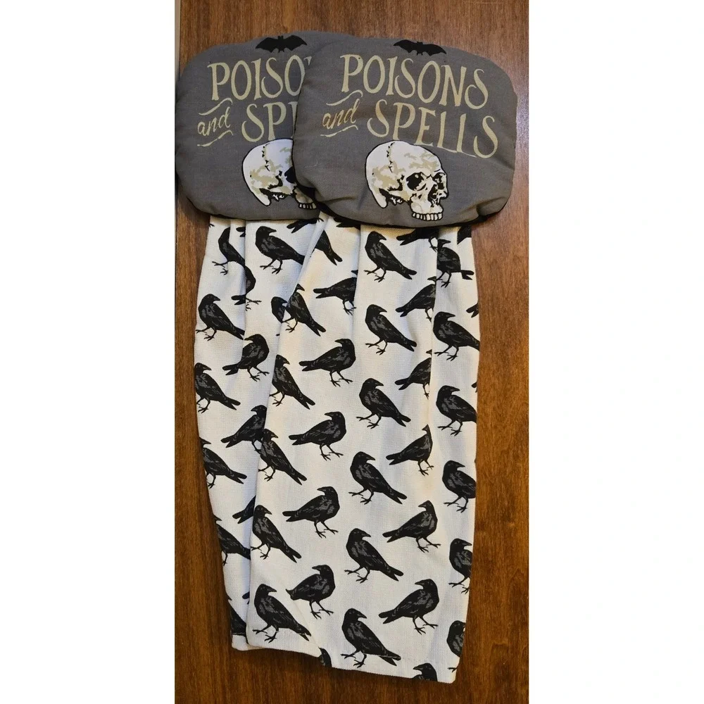 Halloween Poisons and Spells Skull Raven Hanging Kitchen Towels Set of 2 Black